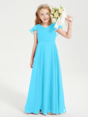 Delicate Chiffon Junior Bridesmaid Gown Flutter Sleeves V-neck Pool