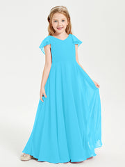 Delicate Chiffon Junior Bridesmaid Gown Flutter Sleeves V-neck Pool
