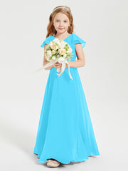 Delicate Chiffon Junior Bridesmaid Gown Flutter Sleeves V-neck Pool
