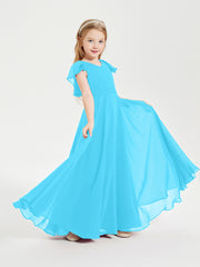 Delicate Chiffon Junior Bridesmaid Gown Flutter Sleeves V-neck Pool