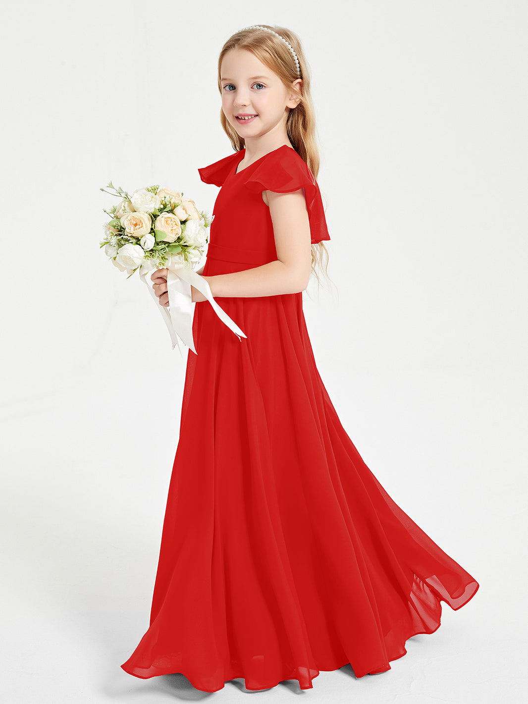 BABARONI Delicate Chiffon Junior Bridesmaid Gown Flutter Sleeves V-neck Red, Red / J4