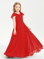 Delicate Chiffon Junior Bridesmaid Gown Flutter Sleeves V-neck Red