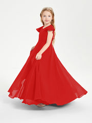 Delicate Chiffon Junior Bridesmaid Gown Flutter Sleeves V-neck Red