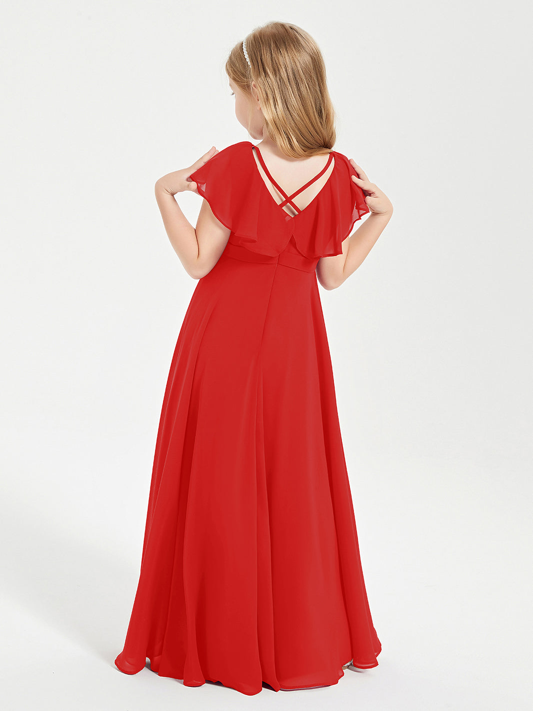BABARONI Delicate Chiffon Junior Bridesmaid Gown Flutter Sleeves V-neck Red, Red / J4