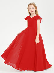 Delicate Chiffon Junior Bridesmaid Gown Flutter Sleeves V-neck Red