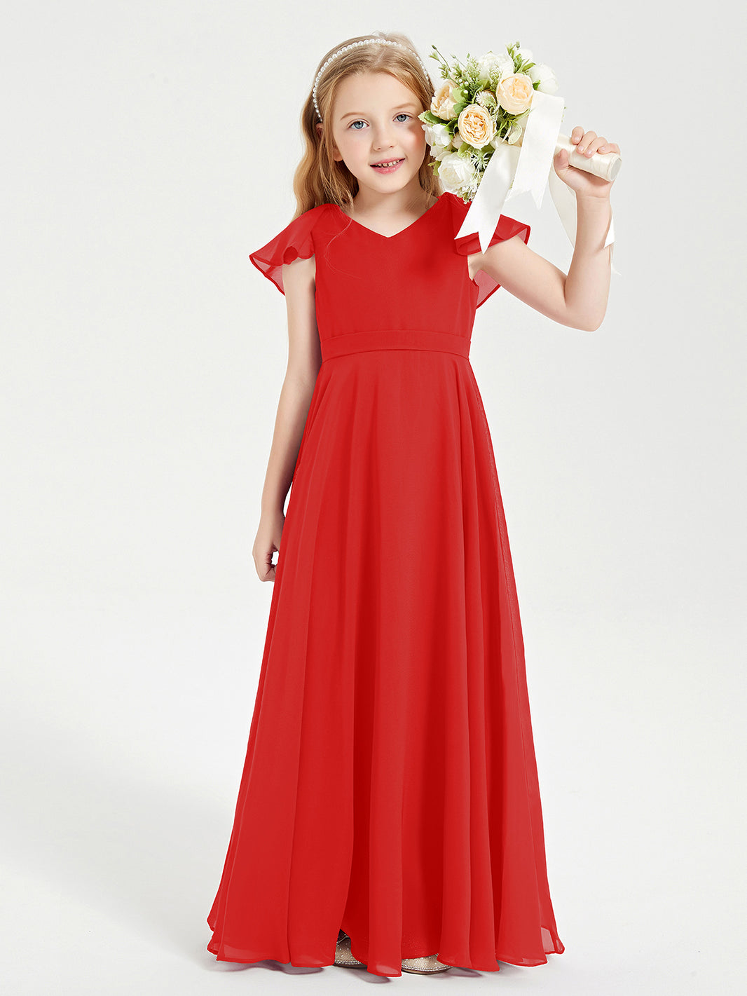 BABARONI Delicate Chiffon Junior Bridesmaid Gown Flutter Sleeves V-neck Red, Red / J4 BABARONI Delicate Chiffon Junior Bridesmaid Gown Flutter Sleeves V-neck Red, Red / J4