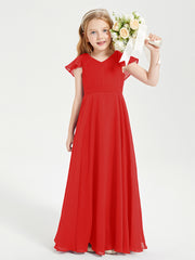 Delicate Chiffon Junior Bridesmaid Gown Flutter Sleeves V-neck Red