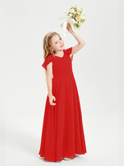 Delicate Chiffon Junior Bridesmaid Gown Flutter Sleeves V-neck Red