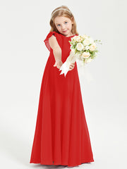Delicate Chiffon Junior Bridesmaid Gown Flutter Sleeves V-neck Red