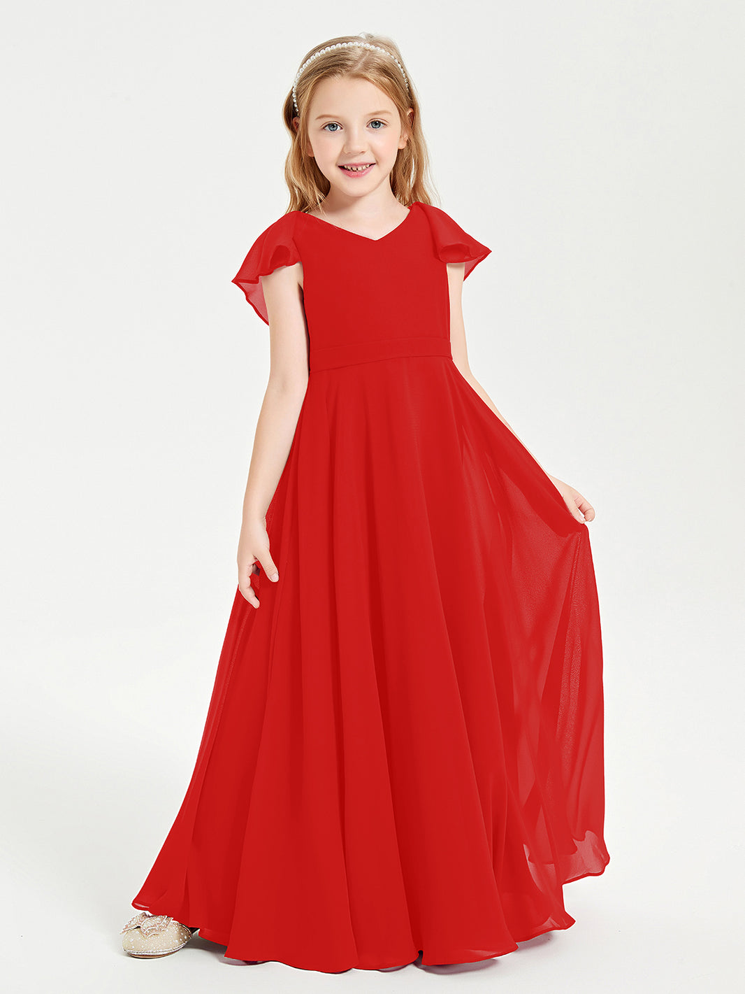 BABARONI Delicate Chiffon Junior Bridesmaid Gown Flutter Sleeves V-neck Red, Red / J4
