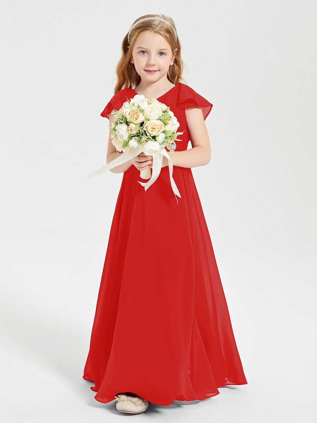 BABARONI Delicate Chiffon Junior Bridesmaid Gown Flutter Sleeves V-neck Red, Red / J4