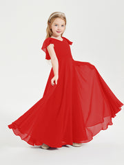 Delicate Chiffon Junior Bridesmaid Gown Flutter Sleeves V-neck Red