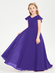 Delicate Chiffon Junior Bridesmaid Gown Flutter Sleeves V-neck Regency