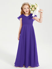 Delicate Chiffon Junior Bridesmaid Gown Flutter Sleeves V-neck Regency