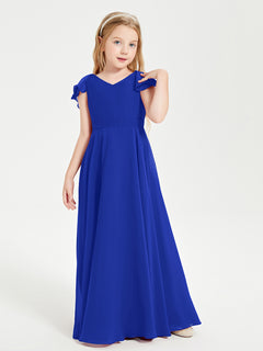 Delicate Chiffon Junior Bridesmaid Gown Flutter Sleeves V-neck Royal Blue