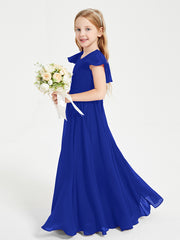 Delicate Chiffon Junior Bridesmaid Gown Flutter Sleeves V-neck Royal Blue
