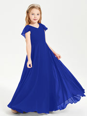 Delicate Chiffon Junior Bridesmaid Gown Flutter Sleeves V-neck Royal Blue