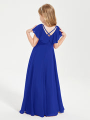 Delicate Chiffon Junior Bridesmaid Gown Flutter Sleeves V-neck Royal Blue