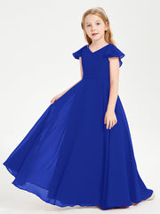 Delicate Chiffon Junior Bridesmaid Gown Flutter Sleeves V-neck Royal Blue