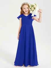 Delicate Chiffon Junior Bridesmaid Gown Flutter Sleeves V-neck Royal Blue