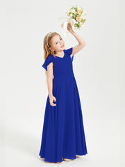 Delicate Chiffon Junior Bridesmaid Gown Flutter Sleeves V-neck Royal Blue