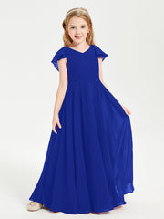 Delicate Chiffon Junior Bridesmaid Gown Flutter Sleeves V-neck Royal Blue