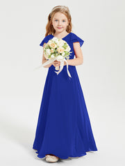 Delicate Chiffon Junior Bridesmaid Gown Flutter Sleeves V-neck Royal Blue