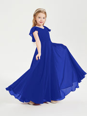 Delicate Chiffon Junior Bridesmaid Gown Flutter Sleeves V-neck Royal Blue