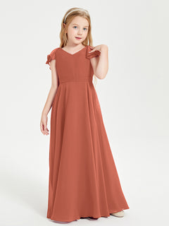 Delicate Chiffon Junior Bridesmaid Gown Flutter Sleeves V-neck Rust