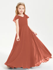 Delicate Chiffon Junior Bridesmaid Gown Flutter Sleeves V-neck Rust