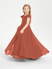 Delicate Chiffon Junior Bridesmaid Gown Flutter Sleeves V-neck Rust