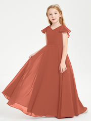 Delicate Chiffon Junior Bridesmaid Gown Flutter Sleeves V-neck Rust