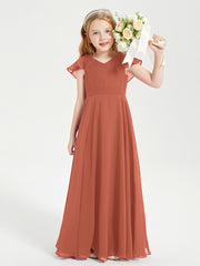 Delicate Chiffon Junior Bridesmaid Gown Flutter Sleeves V-neck Rust