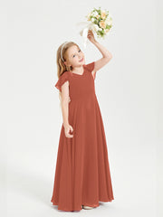 Delicate Chiffon Junior Bridesmaid Gown Flutter Sleeves V-neck Rust