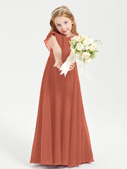 Delicate Chiffon Junior Bridesmaid Gown Flutter Sleeves V-neck Rust