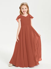 Delicate Chiffon Junior Bridesmaid Gown Flutter Sleeves V-neck Rust