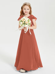 Delicate Chiffon Junior Bridesmaid Gown Flutter Sleeves V-neck Rust