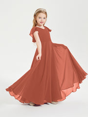 Delicate Chiffon Junior Bridesmaid Gown Flutter Sleeves V-neck Rust