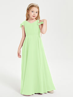 Delicate Chiffon Junior Bridesmaid Gown Flutter Sleeves V-neck Sage