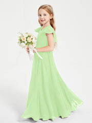 Delicate Chiffon Junior Bridesmaid Gown Flutter Sleeves V-neck Sage