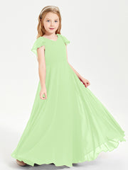 Delicate Chiffon Junior Bridesmaid Gown Flutter Sleeves V-neck Sage