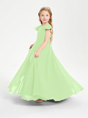 Delicate Chiffon Junior Bridesmaid Gown Flutter Sleeves V-neck Sage
