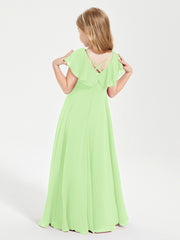 Delicate Chiffon Junior Bridesmaid Gown Flutter Sleeves V-neck Sage