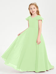 Delicate Chiffon Junior Bridesmaid Gown Flutter Sleeves V-neck Sage