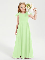 Delicate Chiffon Junior Bridesmaid Gown Flutter Sleeves V-neck Sage