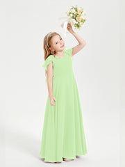 Delicate Chiffon Junior Bridesmaid Gown Flutter Sleeves V-neck Sage