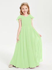 Delicate Chiffon Junior Bridesmaid Gown Flutter Sleeves V-neck Sage