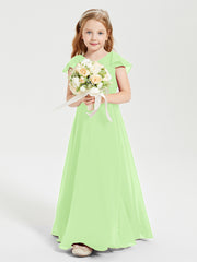 Delicate Chiffon Junior Bridesmaid Gown Flutter Sleeves V-neck Sage