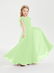 Delicate Chiffon Junior Bridesmaid Gown Flutter Sleeves V-neck Sage