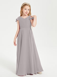 Delicate Chiffon Junior Bridesmaid Gown Flutter Sleeves V-neck Silver